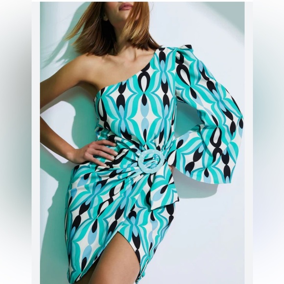 PatBO Aqua and Black One-Shoulder Dress - Picture 6 of 9